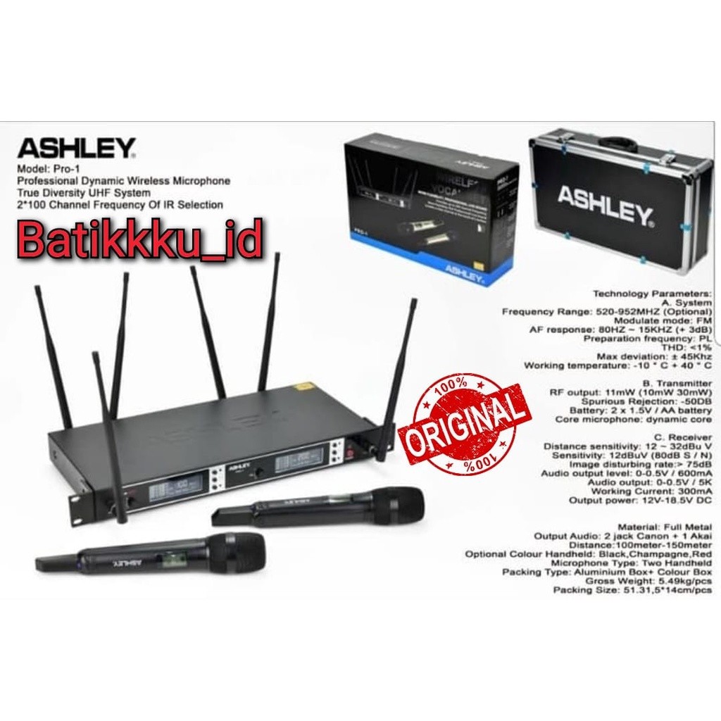 Mic Wireless ASHLEY PRO 1 PRO1 ORIGINAL 6 ANTENA FREE KOPER UHF
