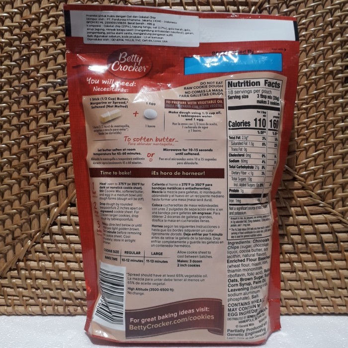 

BETTY CROCKER OATMEAL CHOCOLATE CHIP COOKIE MIX 496 GR