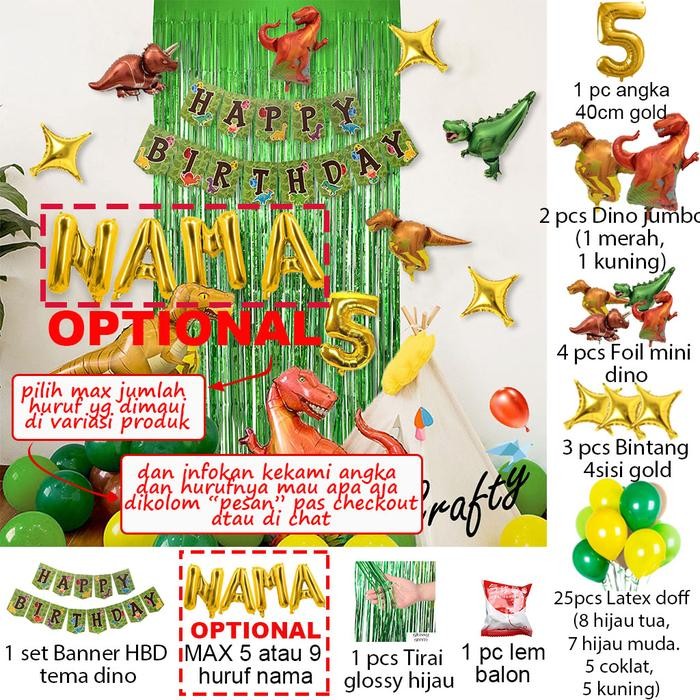 [PAKET] BIRTHDAY SET BANNER DINO GREEN CURTAIN DEKORASI PESTA BACKROP ULANG TAHUN ANAK