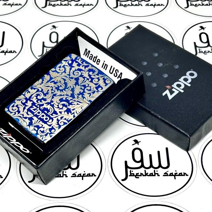 Baru Korek Zippo Batik Blue High Polish Logo Middle List Original