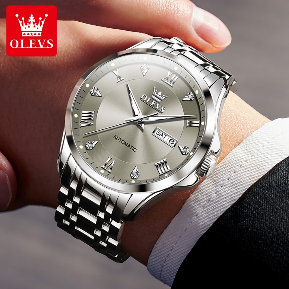 OLEVS Fashion Mens Original Mechanical Watch Stainless Steel Waterproof Luminous Watch for Man Date