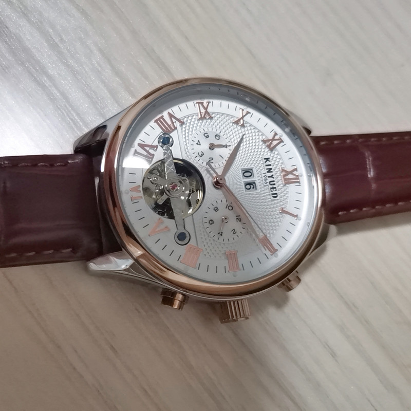 KINYUED Tourbillon Men Watches Fashion Business Automatic Mechanical Watch Men Casual Leather