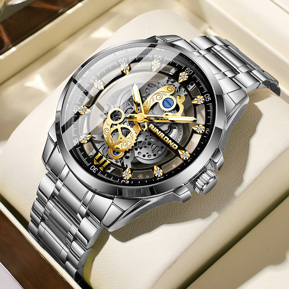 BINBOND 2025 New 505 Men's Quartz Watch Luxury Fashion Diamond Inlaid Waterproof Night Light Men's