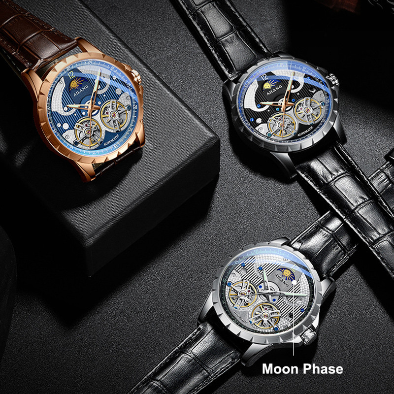 AILANG Luxury Double Tourbillon Watches Men Waterproof Luminous Moon Phase Automatic Mechanical