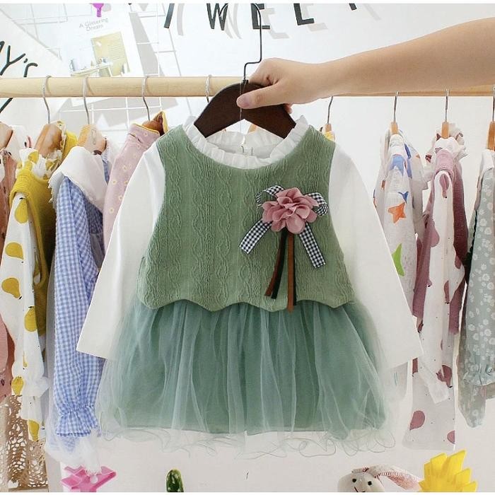 New  INCESSBABY Dress Baju Gaun Anak Bayi Perempuan Cewek Newborn Lengan Panjang Tutu Hijau Sage Leb