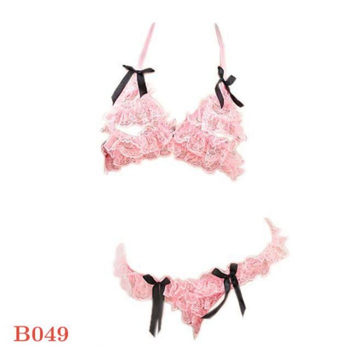 B049 Bra Set Sexy Bikini Bralette Halter Lace Pink Open Cup Crotch Hot