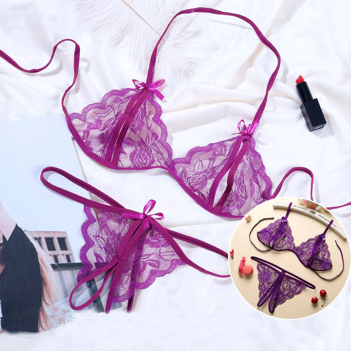 Bra Set Open G String Lingerie Wanita Lace Bra Transparan Sexy A129 - Ungu, All Size