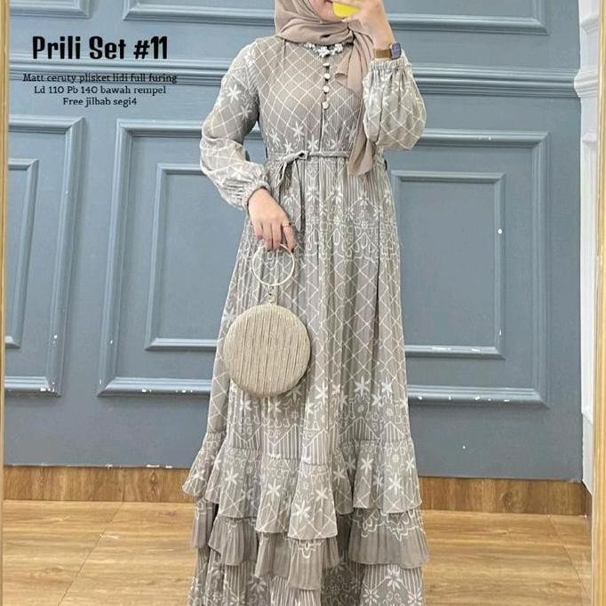 Baju Gamis Wanita Muslim Prili Set Jilbab Dress Ceruti Plisket Fashion Perempuan Dewasa Remaja Cewek