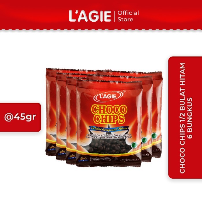 

TERLENGKAP Lagie Coklat Choco Chips 1/2 Bulat Hitam 6x45gr