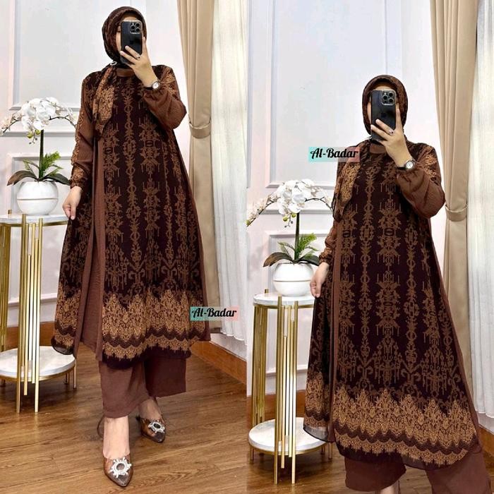 SETCEL LONG TUNIK CERUTY BABYDOLL PREMIUM ETNIK PLUS HIJAB SETELAN WANITA LEBARAN