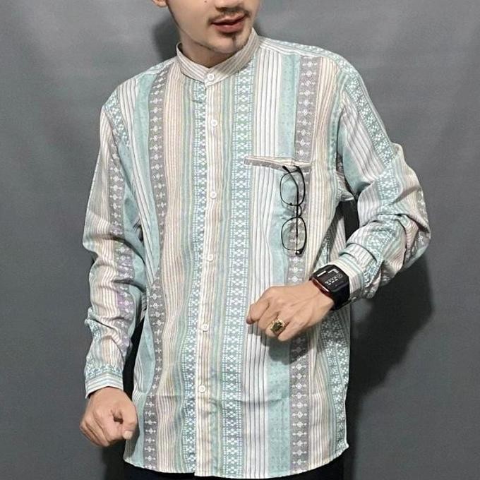 Hm - Kemeja Koko Pria Dewasa Lengan Panjang Motif Salur Batik, Atasan Baju Lebaran Keren Muslim Terb