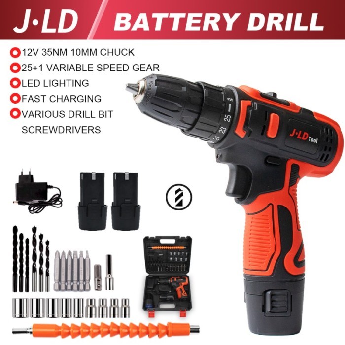Cordless Drill Mesin Bor JLD 12V Cas 2 Baterai 29pcs Tool Kits