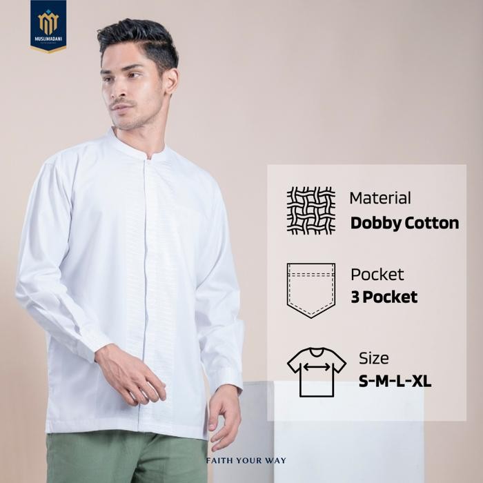 Muslimadani Baju Koko Dewasa SALEEM Kemko Lengan Panjang Baju Koko Putih Muslim Pria