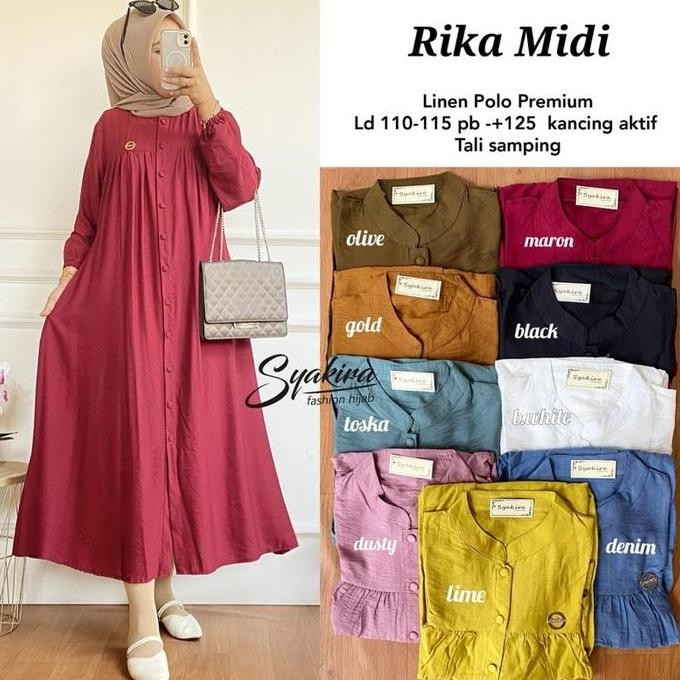 Rika Midi Dress Size Xl Ld 110Cm Xxl Ld 130Cm Gamis Polos Wanita Bahan Polo Linen Busui Kancing Akti