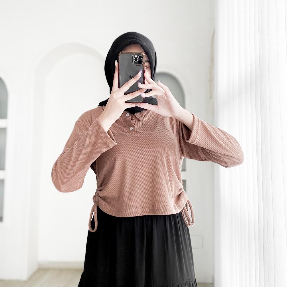 TOP RIB POLO SERUT - Atasan Wanita Serut Tali Blouse Rib Knit