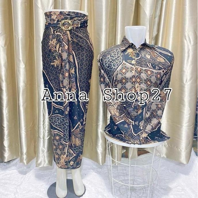 Hot Sale, Couple Batik Rok Lilit Couple Kemeja Batik Couple Pasangan Kemeja Lengan Panjang Bahan Sut