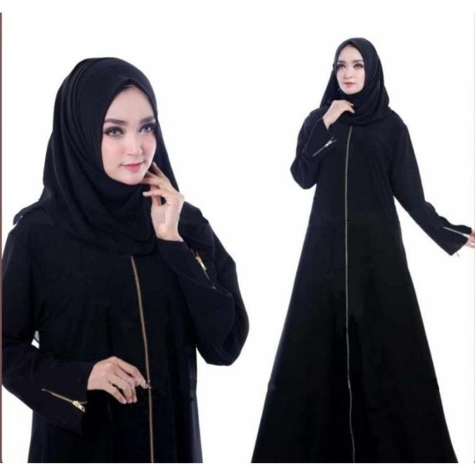 Hot Promo!, Abaya Saudi Gamis Hitam Arab Zipper Full Bahan Jetblack Busui