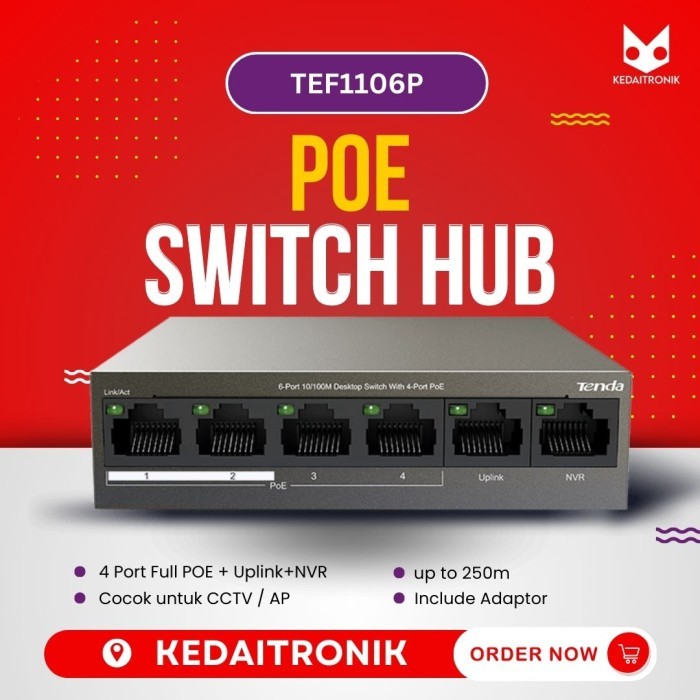 Tenda TEF1106P Switch HUB 6 Port 4-63W LAN Fast Ethernet PoE Garansi
