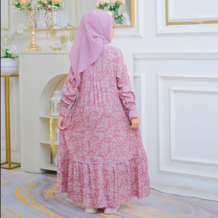 Gamis anak set Jilbab , pakaian muslim anak perempuan,kombinasi renda dada, bahan katun Rayon