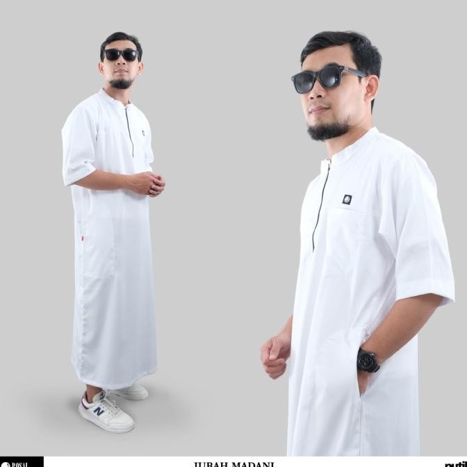 Super Hot, Jubah Madani Rosal Putih Jubah Gamis Pria Al Haramain Lengan Pendek 3/4 Kerah Koko Bahan 