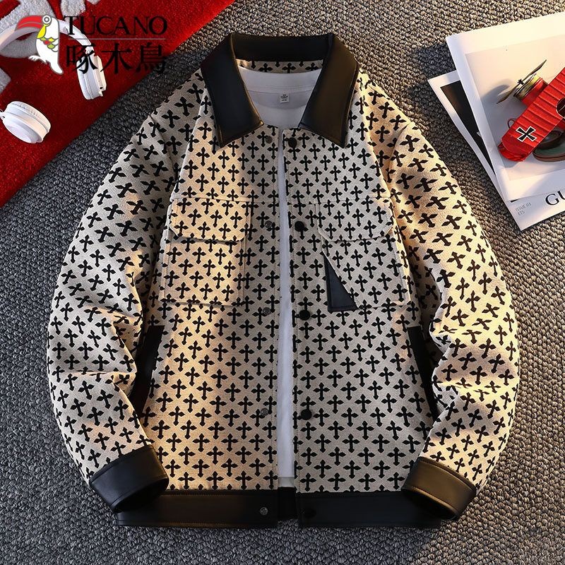 Jaket Kulit Pria, Mantel Kerah Gaya Korea Jahitan Kotak-kotak Pemuda