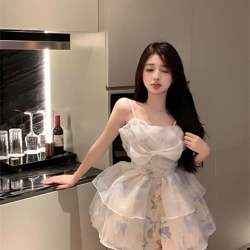 SENYOUMAI Gaun Gadis Manis Seksi Pinggang Rok Pendek Selempang Mode Punggung Cantik Rok Tutu Putri i