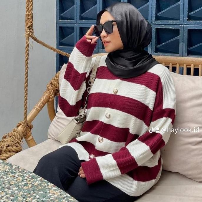 Haylook.Id Cora Stripe Cardy Outer Basic - Cardigan Knitwear Oversize Atasan Wanita Bahan Rajut Prem