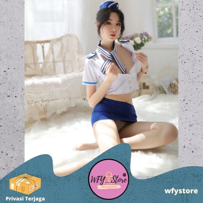 

Sexy Lingerie Cosplay Costum Seragam Pramugari Putih Biru Original