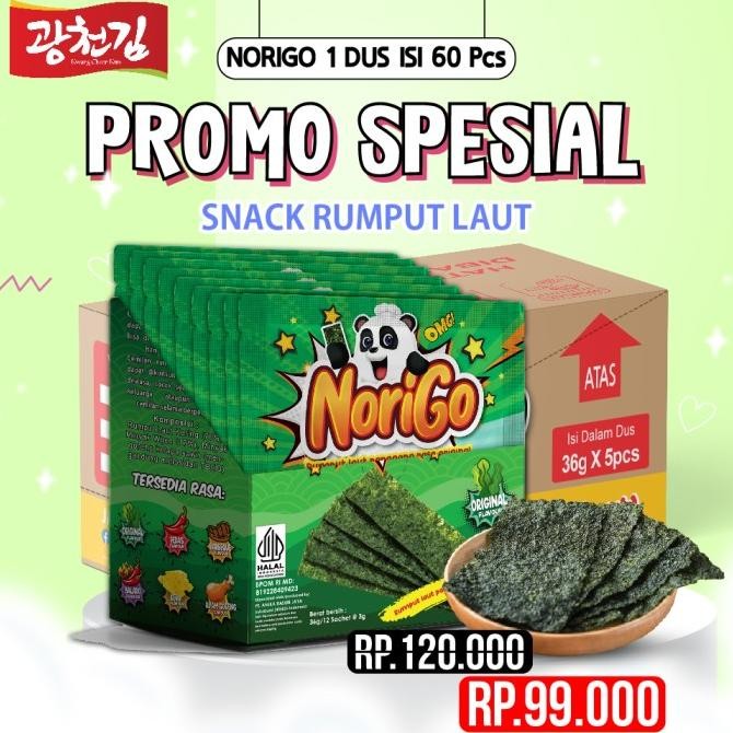 

Grosir (Promo Spesial) Norigo 1 Dus Free 10 Pcs / Nori Sachet Seaweed Snack 3G Rumput Laut Halal