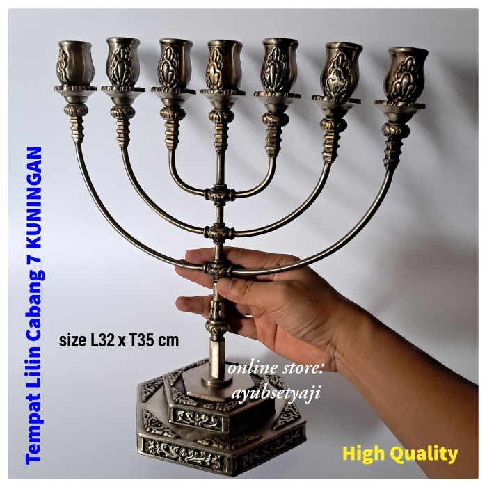 My Menorah Tempat Lilin Kuningan Cabang 7 Sejajar Size 02 Besar Kaki Dian Altar Antique Brass Solid