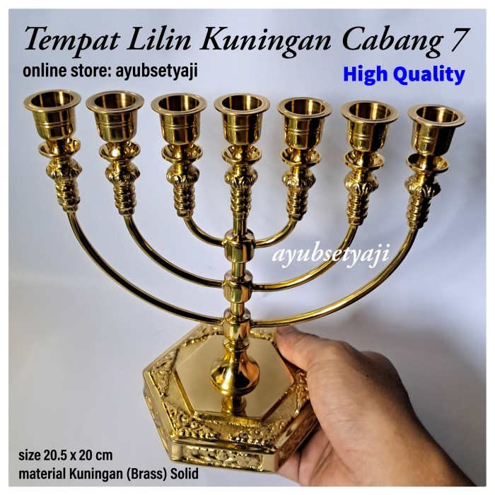 My Tempat Lilin Kuningan Cabang 7 Datar Kaki Dian Altar Antique Brass