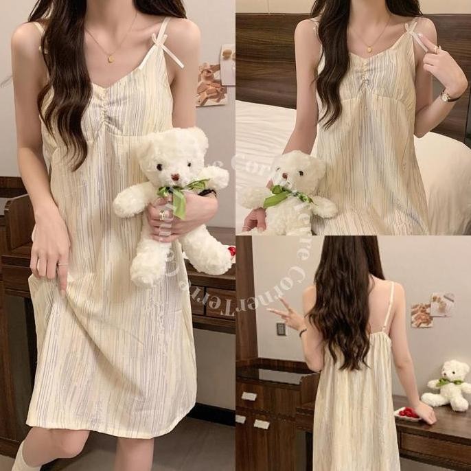 baru yijae dress daster tidur aesthetic dengan cup bra piyama korea wanita import tanpa lengan sleev