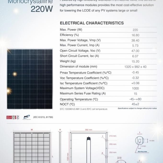 BEBAS ONGKIR - Solar cell 220wp Monocrystalline ica solar