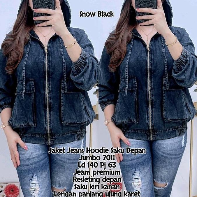 Sale 7011 Jaket Jeans Hoodie Saku Depan Jumbo Snow Black Blue Wanita|Jaket Jeans Ld 140
