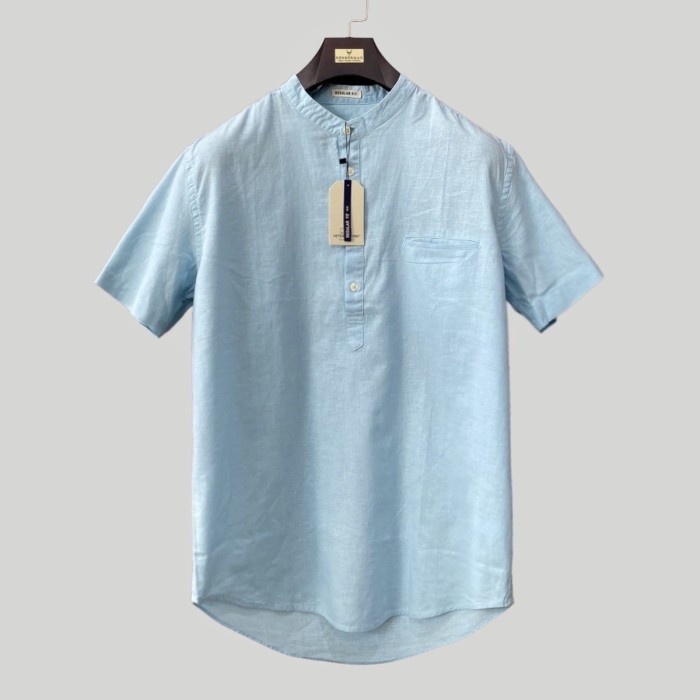 Peternation kemeja pria linen plus sanghai pendek wangki baby blue
