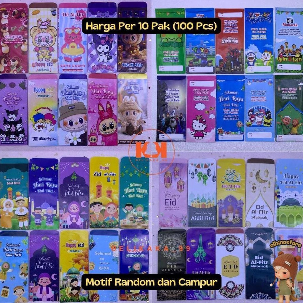 

(10 Pak Isi 100 Pcs - Besar - C) Amplop Lebaran Motif Karakter Kartun Muslim Ukuran Besar Siap Pakai Murah