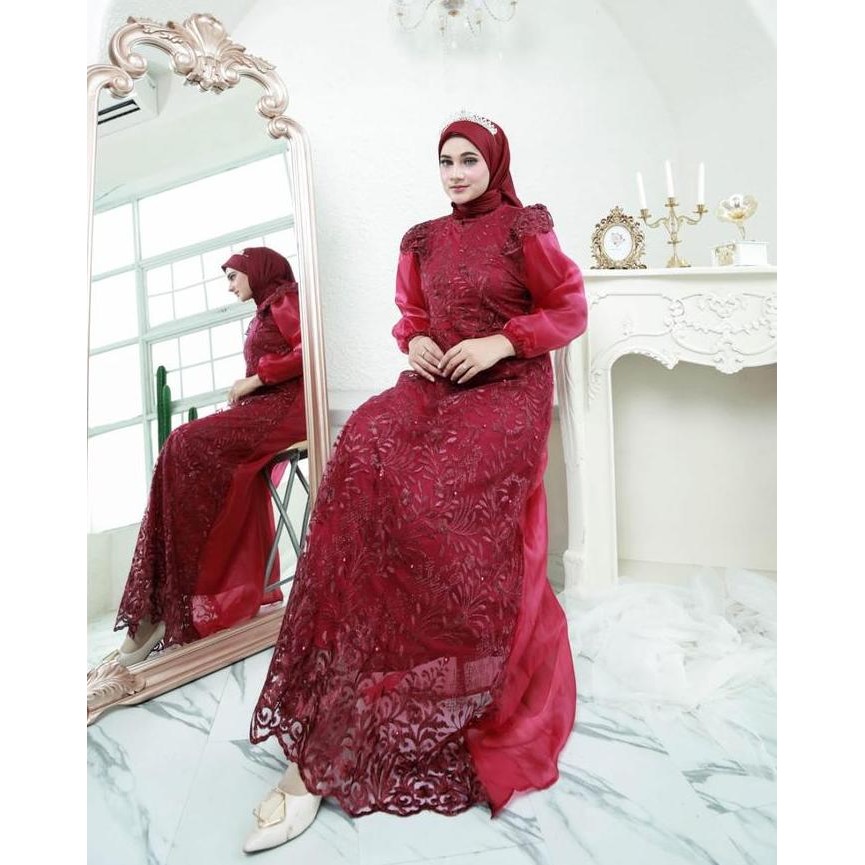 Gamis Pesta Premium Nazwa Full Tile Brokat, Gamis Kondangan 2024 Tile MIX Organza Wanita Muslim baju