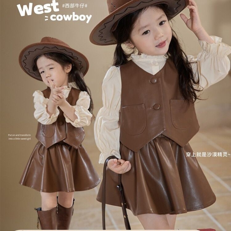 Baby Girl's Leather Clothes Suit Fashionable Autumn Clothes Princess Long Sleeve Shirt Vest Skirt Th