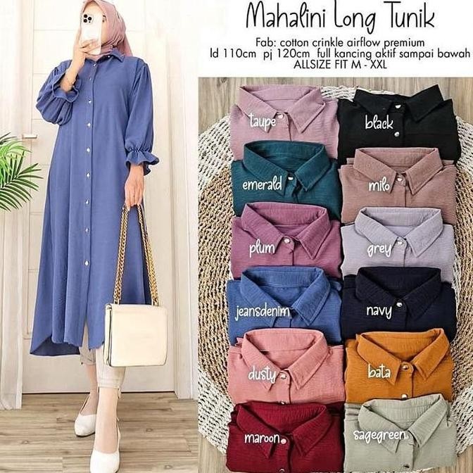 Mahalini Long Tunik Wanita Bahan Crinkle
