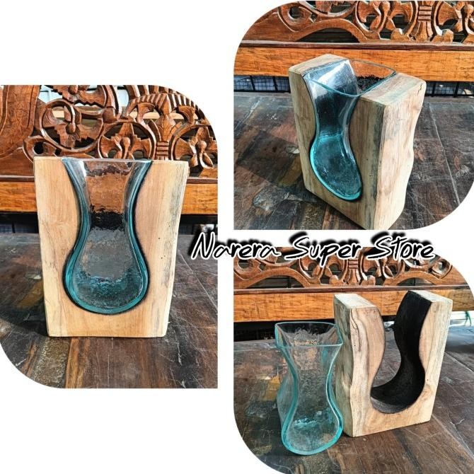 Sale Vas Bunga Aquarium Kaca Tiup 25Cm Tatakan Alas Kayu Natural Murah