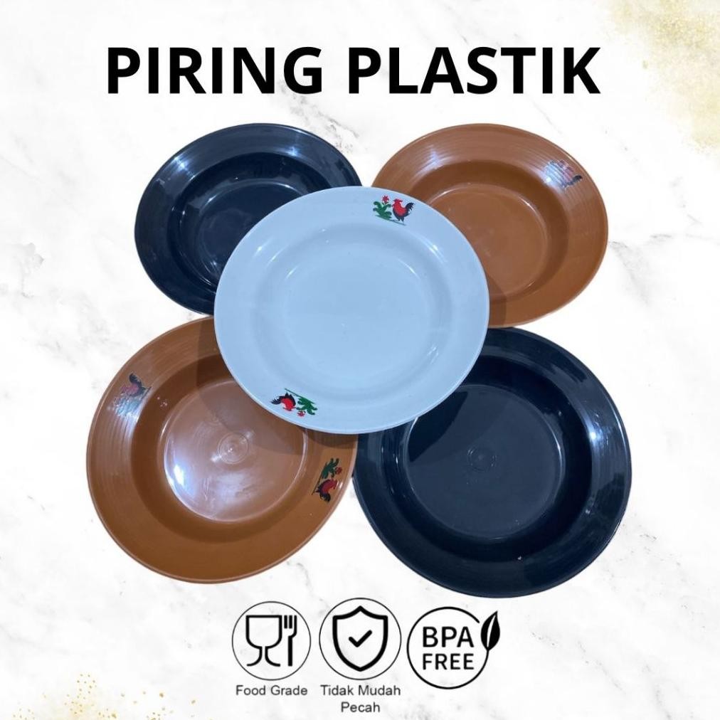 Bisa COD piring makan ayam jago putih coklat hitam Plastik 12 pcs 1 lusin Kitchenware ||