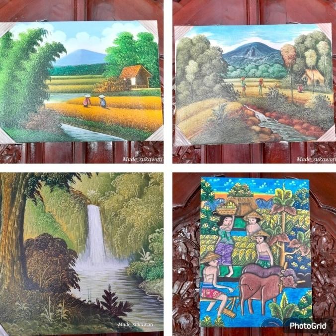 ] Lukisan Kanvas pemandangan alam sawah gunung sungai tradisional bali 40cm x 30cm