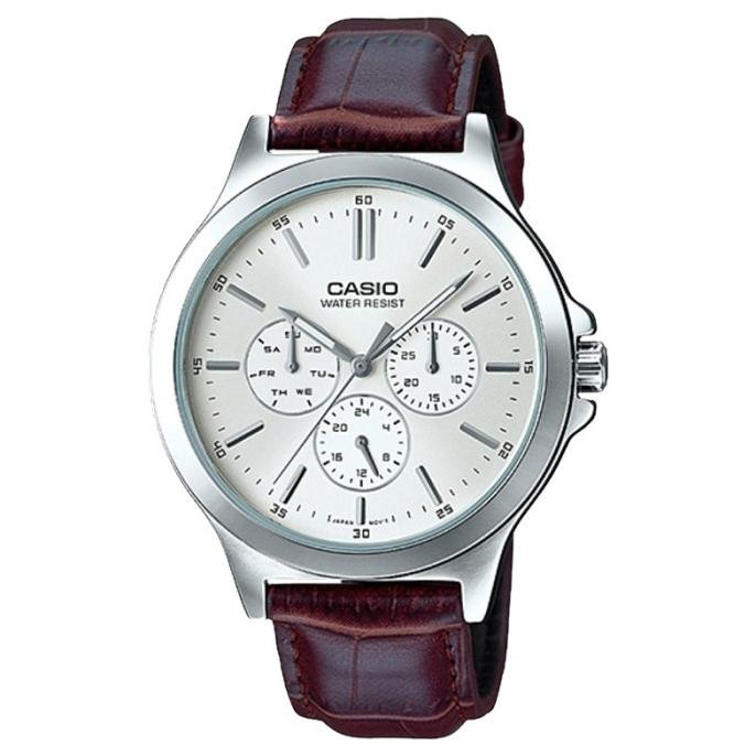 Promo Casio Mtp-V300L-7Audf Men Analog Silver Dial Brown Leather Strap