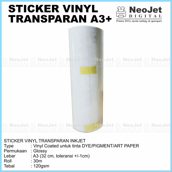 

STICKER STIKER VINYL INKJET TRANSPARANT BENING GLOSS A3 30 METER MURAH