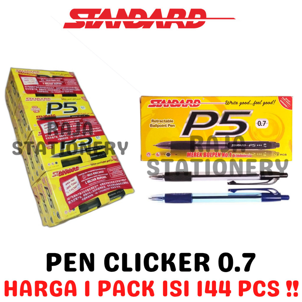 

STANDARD P5 0.7 BALL PEN BLACK BLUE CLICKER HITAM BIRU BOLPEN CETEK PENA PEN P5 BOX PACK GROSS [12BOX] Raja Big Box