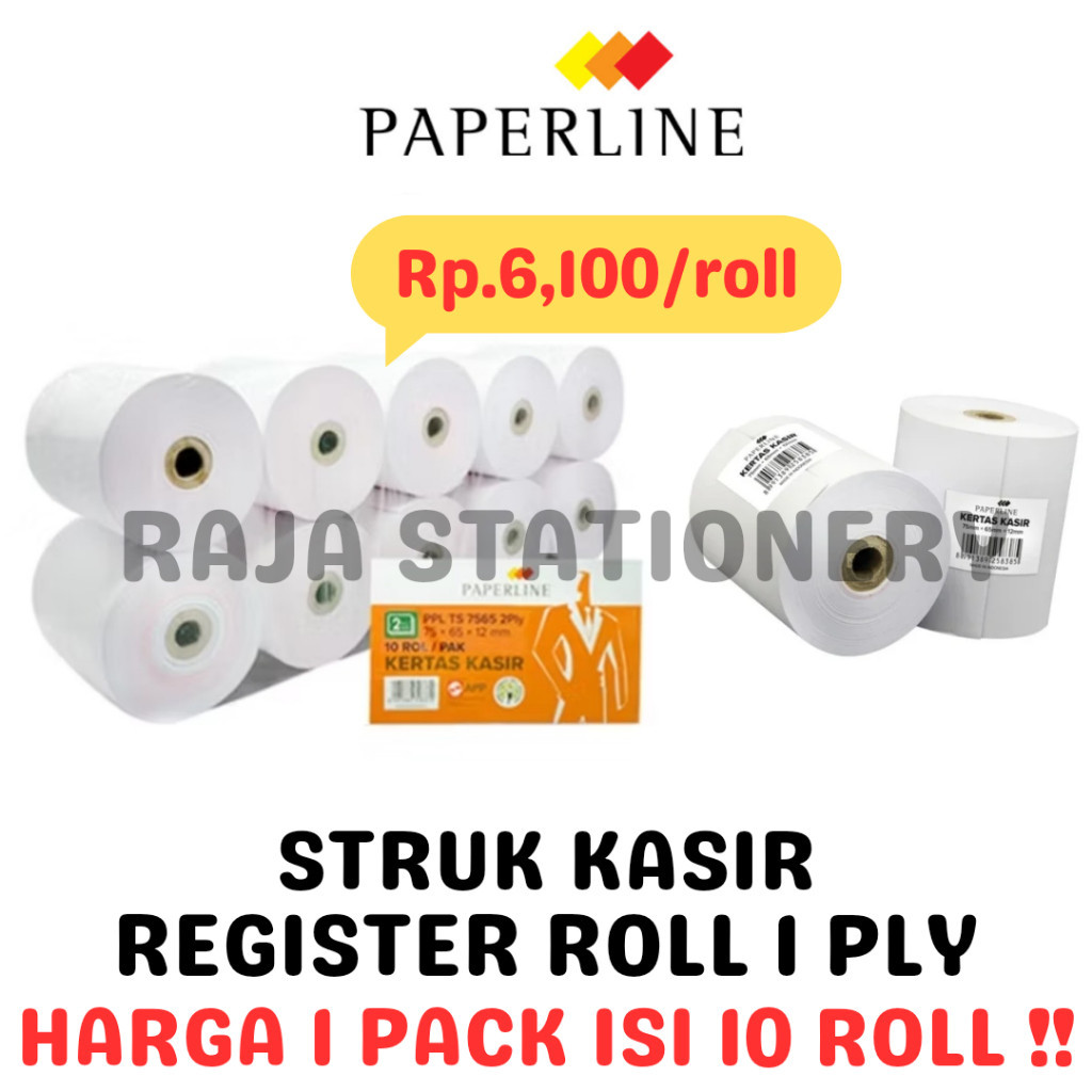 

Paperline Register Roll 1 PLY Telstrook 75 X 65 mm / Paperline Kertas Struk Kasir 1 ply Rangkap Kecil Telstruk Bon TS 7565 RAJA BIG BOX