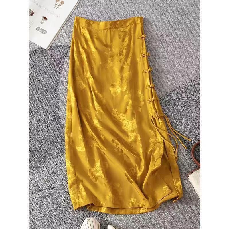 Chinese Style Tencel Linen Side Slit Button Mid-Length Jacquard Skirt Summer