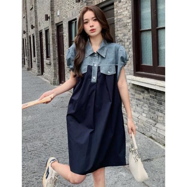 Dress Miyori Wanita Lengan Pendek Bahan Denim Snow Kombinasi Katun Poplin Premium 2897