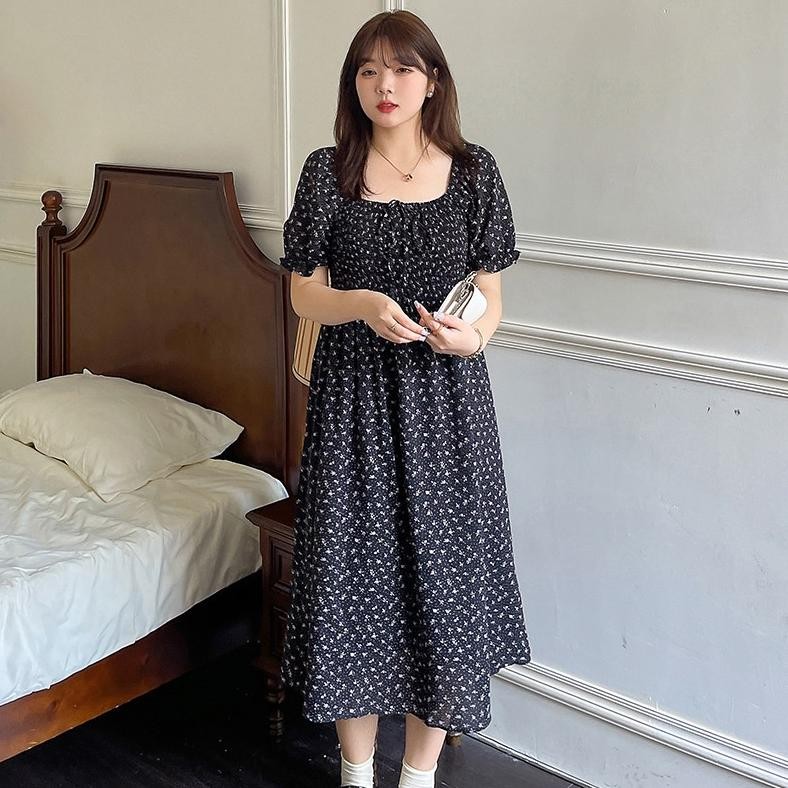 Dress Bunga Lengan Pendek Wanita Korea Midi Dress / Dres