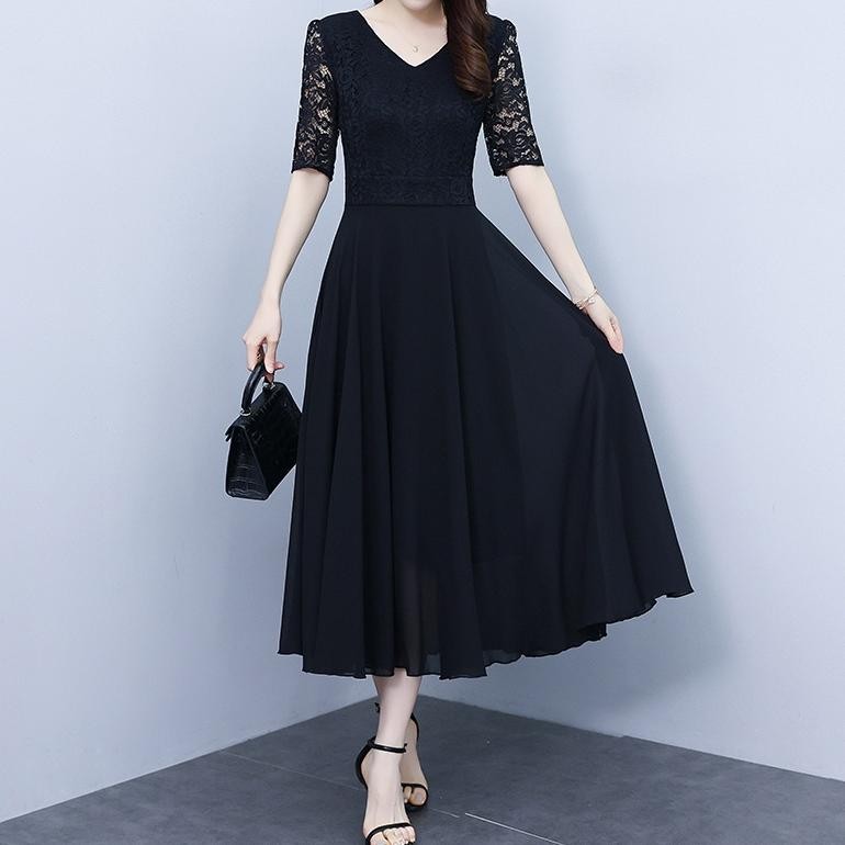 Gaun Renda Lengan Pendek Hitam Korea Baru/Dress Hitam Panjang/Dress Pesta Wanita